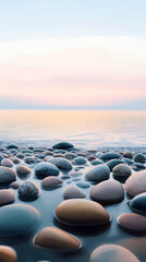 Obraz premium Peaceful Beach with Smooth Stones and Gentle Waves, Reflecting Soft Sunset Colors in a Tranquil and Idyllic Coastal Landscape