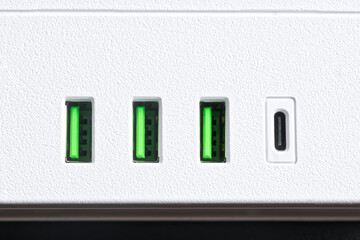The new white technology hub features multiple USB ports to efficiently charge devices. Copy space....