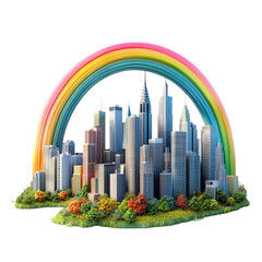 Fototapeta premium Vibrant Cityscape Under a Rainbow Arch: A Dreamlike Metropolis
