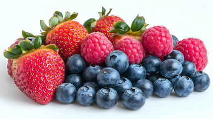 Obraz premium A vibrant mix of fresh strawberries, raspberries, and blueberries on a white background
