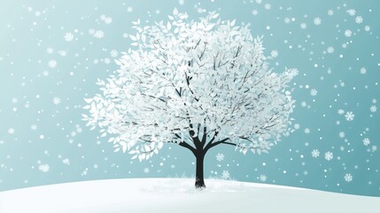 Winter snow scene, tree, snowfall, light blue background