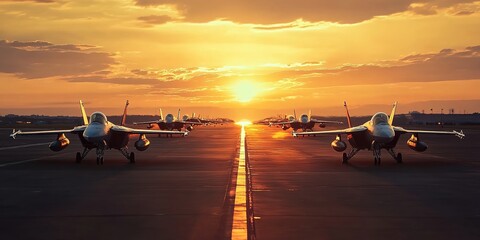  Cinematic photo of fighter jets lined up on the runway at sunset