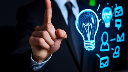 Businessman presenting innovative ideas with digital light bulb graphics in a modern office