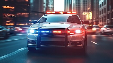 A modern police car with flashing lights is driving along the city street