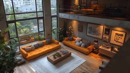Fototapeta premium Isometric 3D render of an urban loft layout with industrial-style furniture and decor