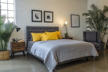 Modern bedroom, grey bed, yellow pillows, loft, plants