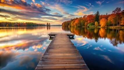 Fototapeta premium Serene Wooden Dock on Autumn Lake at Sunset, dock, lake shore, dock, lake shore, outdoors, wooden structure, foliage