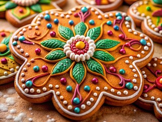 Festive Gingerbread Cookie with Vibrant Floral Decorations - Delicious Holiday Treat Stock Photo