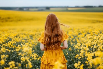 Fototapeta premium Woman in Yellow Dress in Rapeseed Field