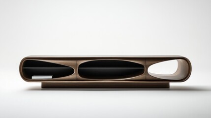 Modern minimalist brown wooden media console with sleek design and storage compartments.