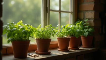 Fototapeta premium Basil plants in terracotta pots on rustic kitchen windowsill