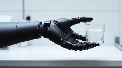 Robotic hand holding a glass of sparkling water in a modern setting. Advanced prosthetics, AI-driven precision, human-like robotics, and future innovation.