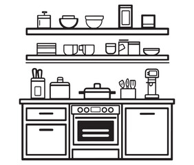 A black and white drawing of a kitchen, Line art kitchen furniture set