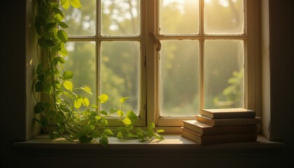 Vine plant on windowsill with soft sunlight