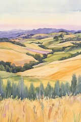 Serene Landscape of Rolling Hills with Golden Fields and Greenery