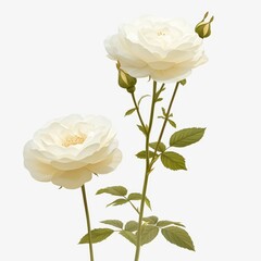 Obraz premium Elegant Pair of Cream Roses with Buds and Green Leaves on White Background