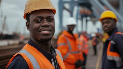 Fototapeta premium Personnel from various industries are wearing work clothes and smiling as they face the camera. The background is a work scene with a shallow depth of field