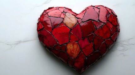 An Artistic Vision of Heartbreak: A Shattered Red Heart on a Pure White Backdrop Evoking Emotional Turmoil and Sadness