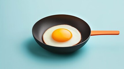 A single fried egg in the center of an orange and black frying pan, against a pastel blue background.