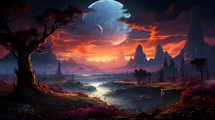 Futuristic Landscape with Glowing Plants Under a Starry Sky - Generative AI