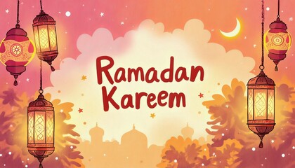 A cheerful Ramadan Kareem banner with colorful lanterns, crescent moons, and stars, set against a bright gradient of orange and pink.