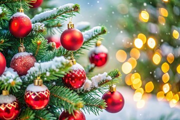 Obraz premium Festive White Christmas Background with Decorated Red Ball Tree - Stock Photo