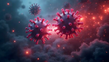 Microscopic Virus Particles Floating in Space with Glowing Red Spheres