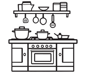 A black and white drawing of a kitchen, Line art kitchen furniture set