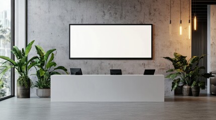 Modern office reception with blank screen, plants, and concrete wall.