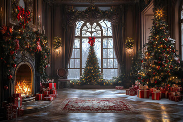 Obraz premium Luxurious Christmas Decorated Living Room with Ornate Fireplace and Two Decorated Trees