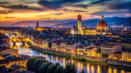 Fototapeta premium Florence Italy Skyline Night Photography, Low Light Cityscape, Dramatic Dusk