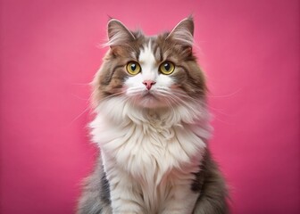 Fluffy Gray and White Cat Posing on Pink Background - Cute Pet Portrait