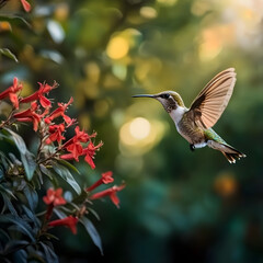 Naklejka premium Hummingbird in flight near red flowers. A vibrant scene of nature's beauty.