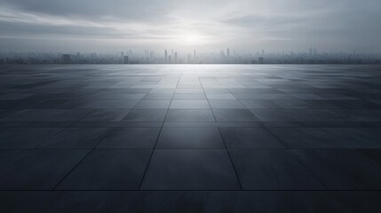 A city skyline is visible in the distance