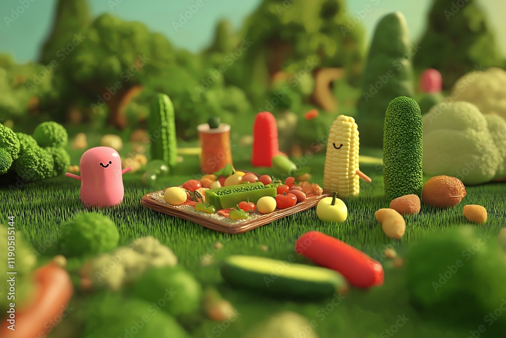 Poster A playful 3D scene of animated food characters having a picnic