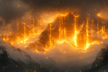 A glowing mountain with radiant beams symbolizing ambition. An abstract representation of success