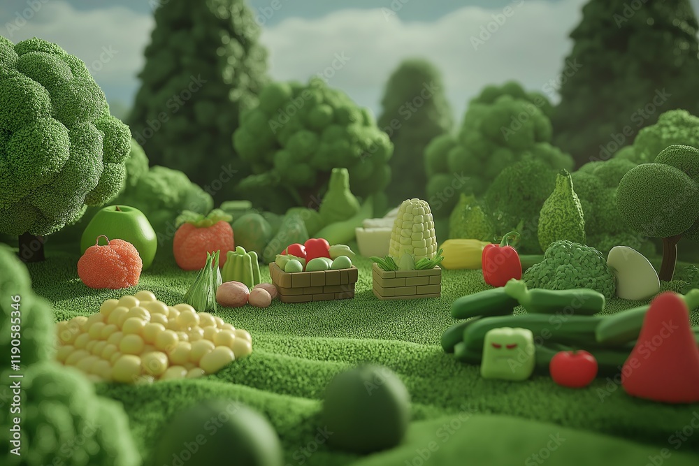 Poster A playful 3D scene of animated food characters having a picnic