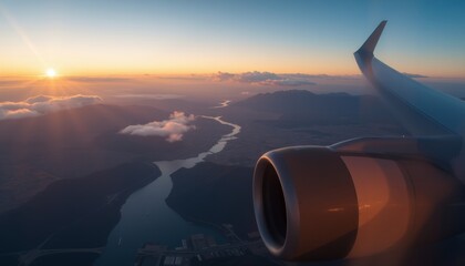Airplane wing view over mountains during sunset