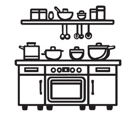 A black and white drawing of a kitchen, Line art kitchen furniture set