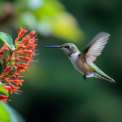 Obraz premium Hummingbird in flight, approaching vibrant red flowers. A stunning display of nature's beauty.