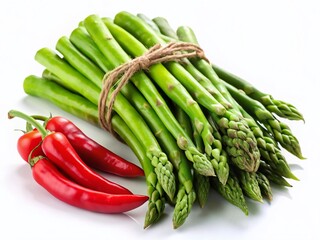Fresh Green Asparagus, Chili Peppers, and Beans on White Background - Healthy Vegetarian Ingredients