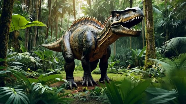 Tyrannosaurus walking through the Jurassic jungle. The Age of Dinosaurs.
