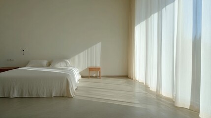 A minimalist bedroom with neatly arranged furniture, natural light streaming through sheer curtains, casting soft shadows