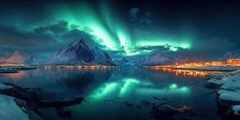 A stunning view of the Northern Lights over the Lofoten Islands, Norway, with mountains and an island in front reflecting the lights on the water. 