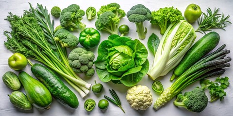 Fresh Green Vegetables Minimalist White Background Stock Photo