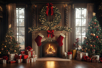 Fototapeta premium Luxurious Christmas Decorated Living Room with Ornate Fireplace and Two Decorated Trees