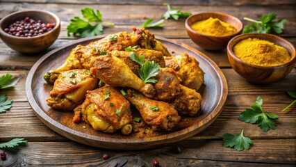 Chicken dish with Indian spices like cumin turmeric and coriander on a wooden plate , spices, chicken,  spices