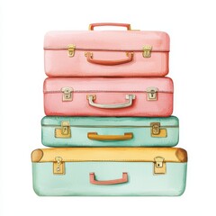 Stack of Pastel Vintage Suitcases Retro Travel Luggage Watercolor Illustration