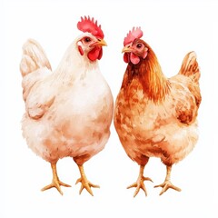 Fototapeta premium Watercolor Painting of Two Chickens White and Brown Hen Farm Animals Poultry Illustration