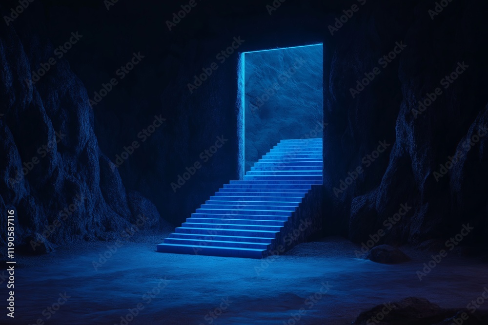 Poster staircase leading into a glowing void.